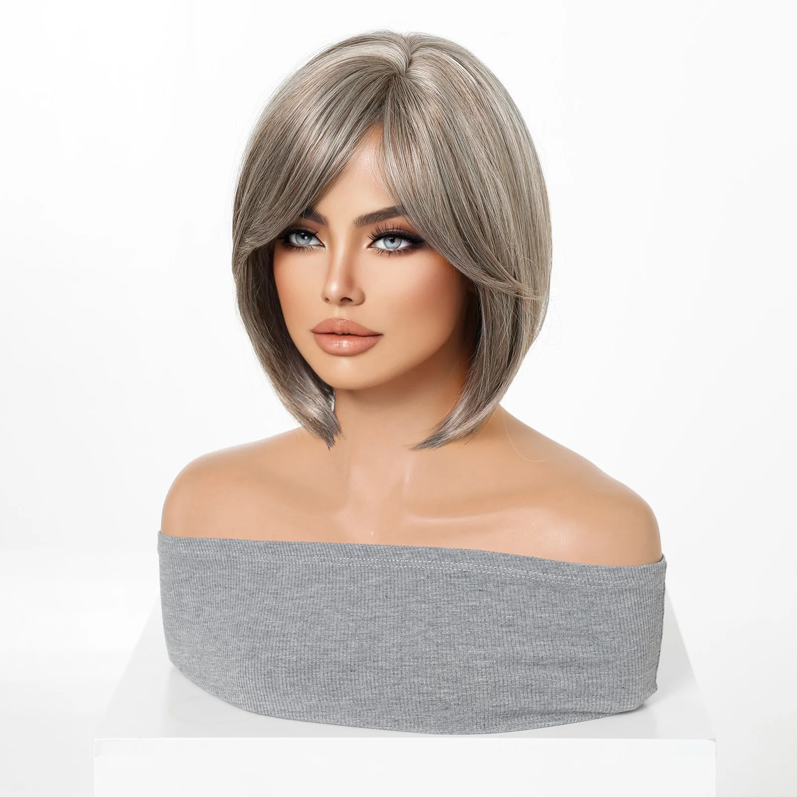 Kurze, gerade, synthetische Perücke, grau-blond, Ombre, hitzebeständige Faser, natürlich aussehend, für den täglichen Gebrauch, Party, Cosplay, für Frauen im Alltag – Detail 4