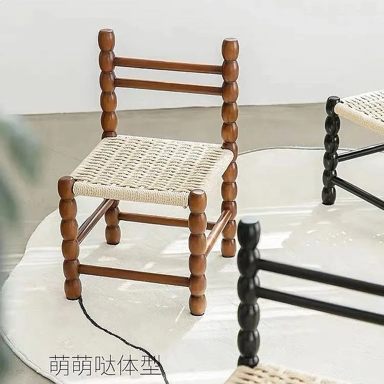 Nordic Woven Stool Vintage Rattan Bench Mid-Century Vanity Accent Chair Boho Home Decor