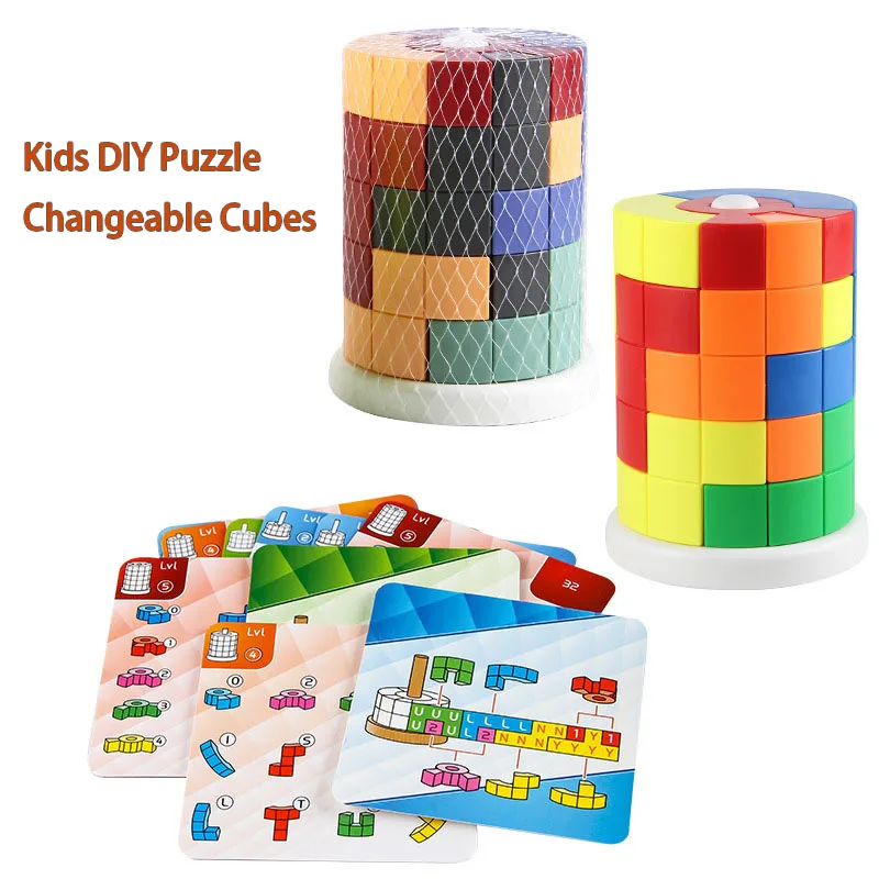 Kids DIY Puzzle Changeable Cubes Creative Cylindrical Stacking 40 Challenge Cards Science Education Puzzle Building Block Toys