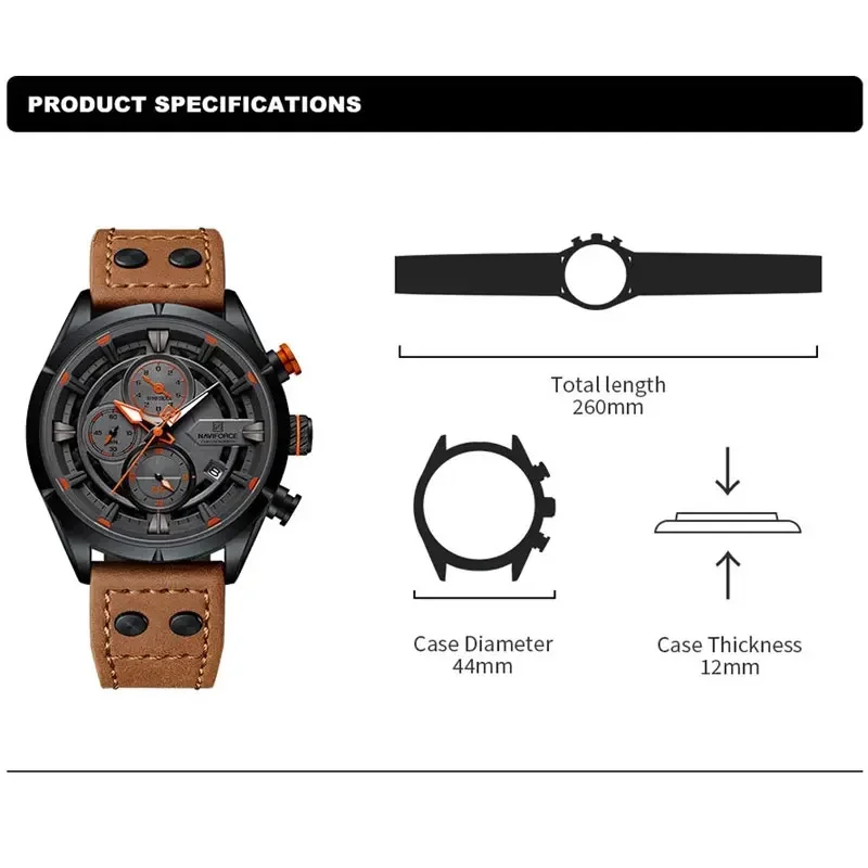 Naviforce relógio casual masculino moda luxo à prova dwaterproof água pulseira de couro genuíno masculino cronógrafo quartzo relógio de pulso