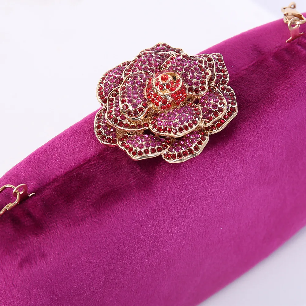 Diamonds Flower Velvet Evening Bag Women New Elegant Chain Banquet Dress Clutch Bag Ladies Wedding Dinner Party Box Small Purses