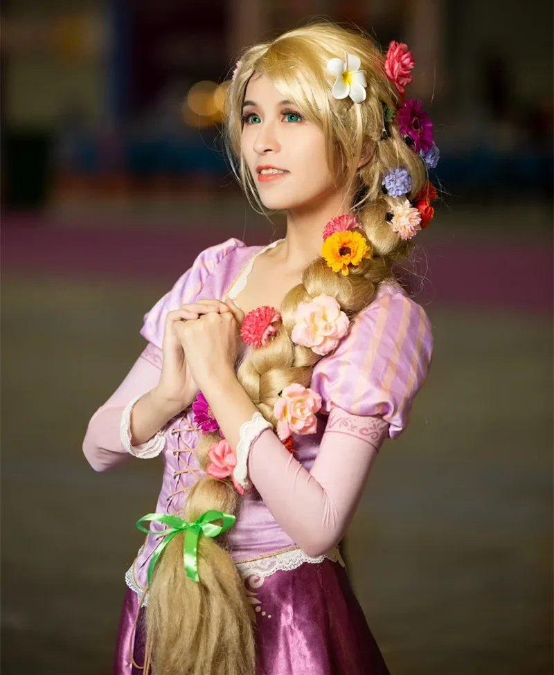 Princesa Tangled Rapunzel peruca cosplay para mulheres, trança loira, dramatização, cabelo longo trançado dourado com flores, Halloween