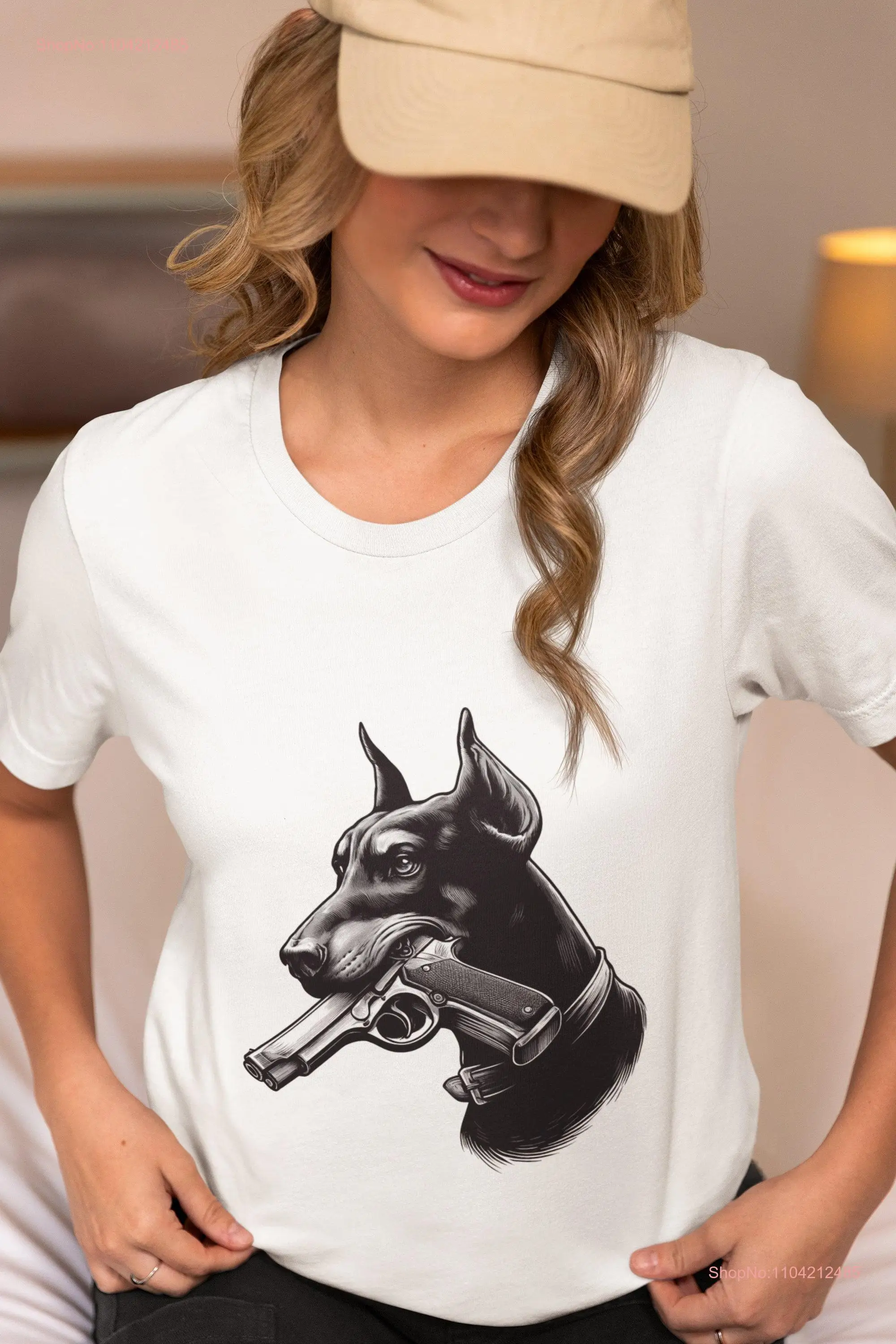 

Edgy Doberman Holding Gun T Shirt Unique Dog Lover Apparel Top for Pinscher ArT Cool Idea long or short sleeves