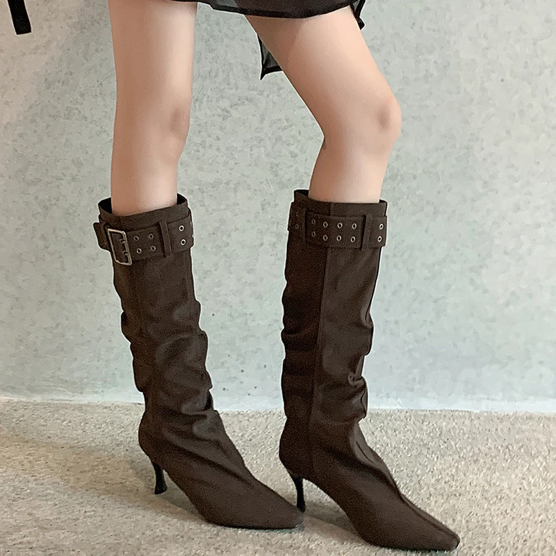 

Осенне-зимние женские высокие сапоги, модные сапоги до колена на тонком высоком каблуке, женские пикантные женские современные сапоги botas de mujer