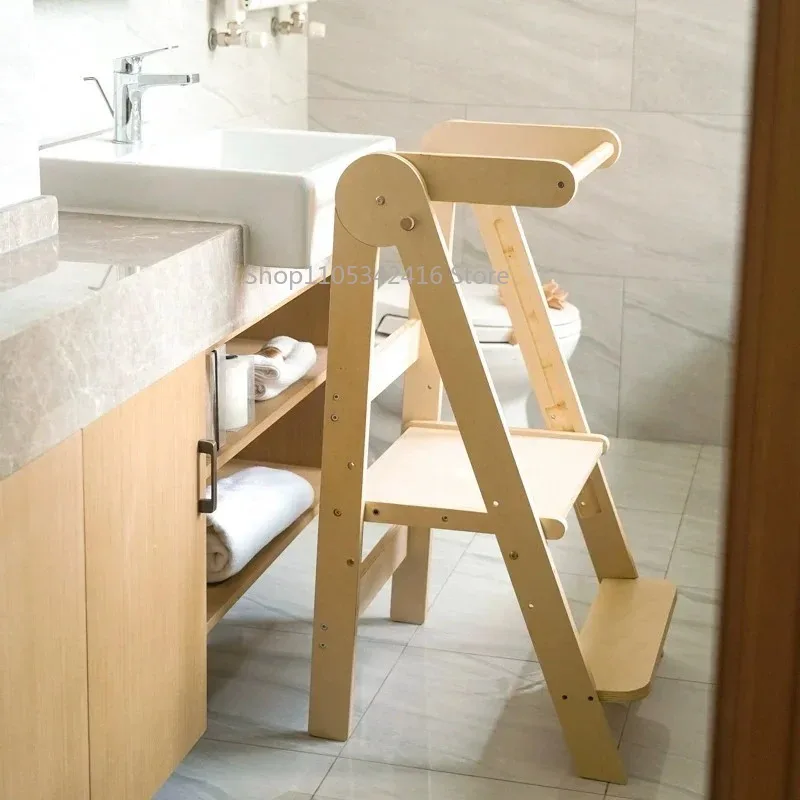 Kids Wooden Foldable Step Stool Safe Standing Helper Tower for Kitchen Bathroom Living Room Indoor Daily Learning Support Use