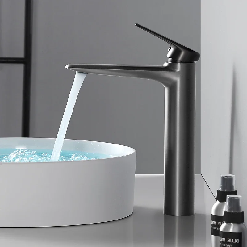 

Brushed Gold/Gray Brass Bathroom Faucet Fashion Deck Mount Hot and Cold Water Mixer Basin Faucet White Single Hole Sink Tap