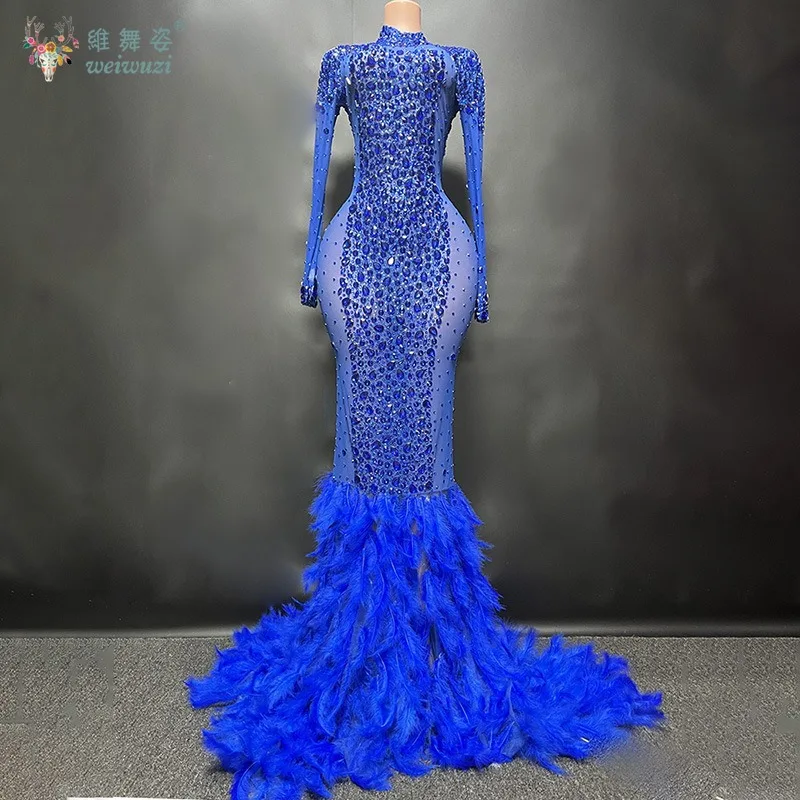 

Luxurious Sparkling Crystal Diamond Singer Performance Costume Elegant Tight Stretch Skirt Splicing Feather Evening Dress