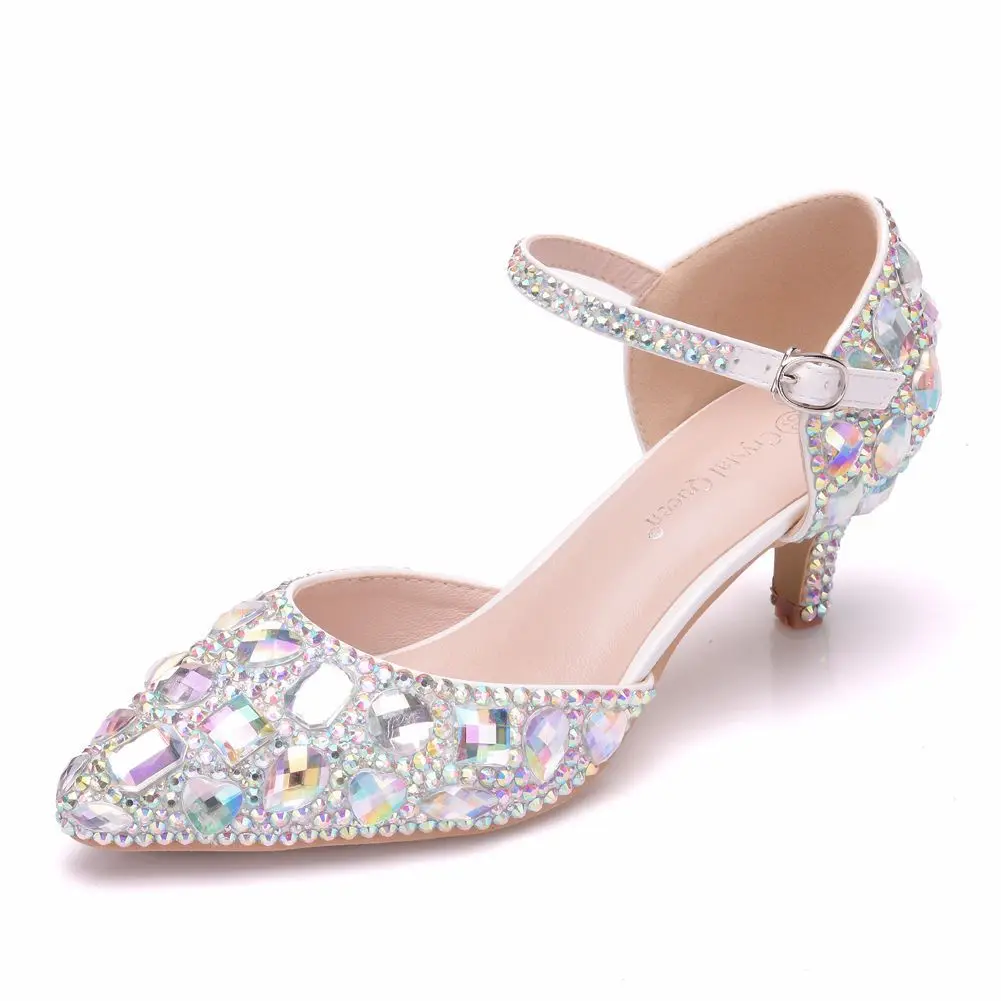 Fashion Pointed Toe Pumps Sandals Elegant Crystal PU 5.5CM Thin Heels Princess Rhinestone Slingback Casual Woman Shoes Dress