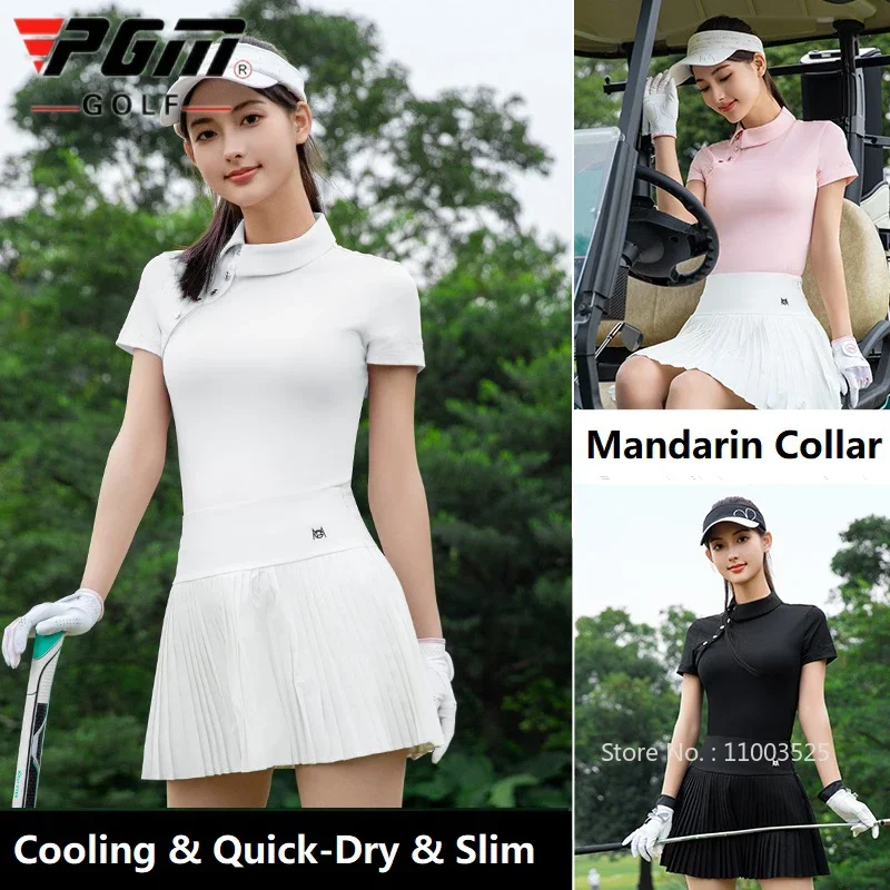 

Pgm New Chinese Shirt for Women Summer Retro Stand-up Collar Golf Tops Lady Short-sleeved Chic Golf Shirt Quick-Dry Slim Tee