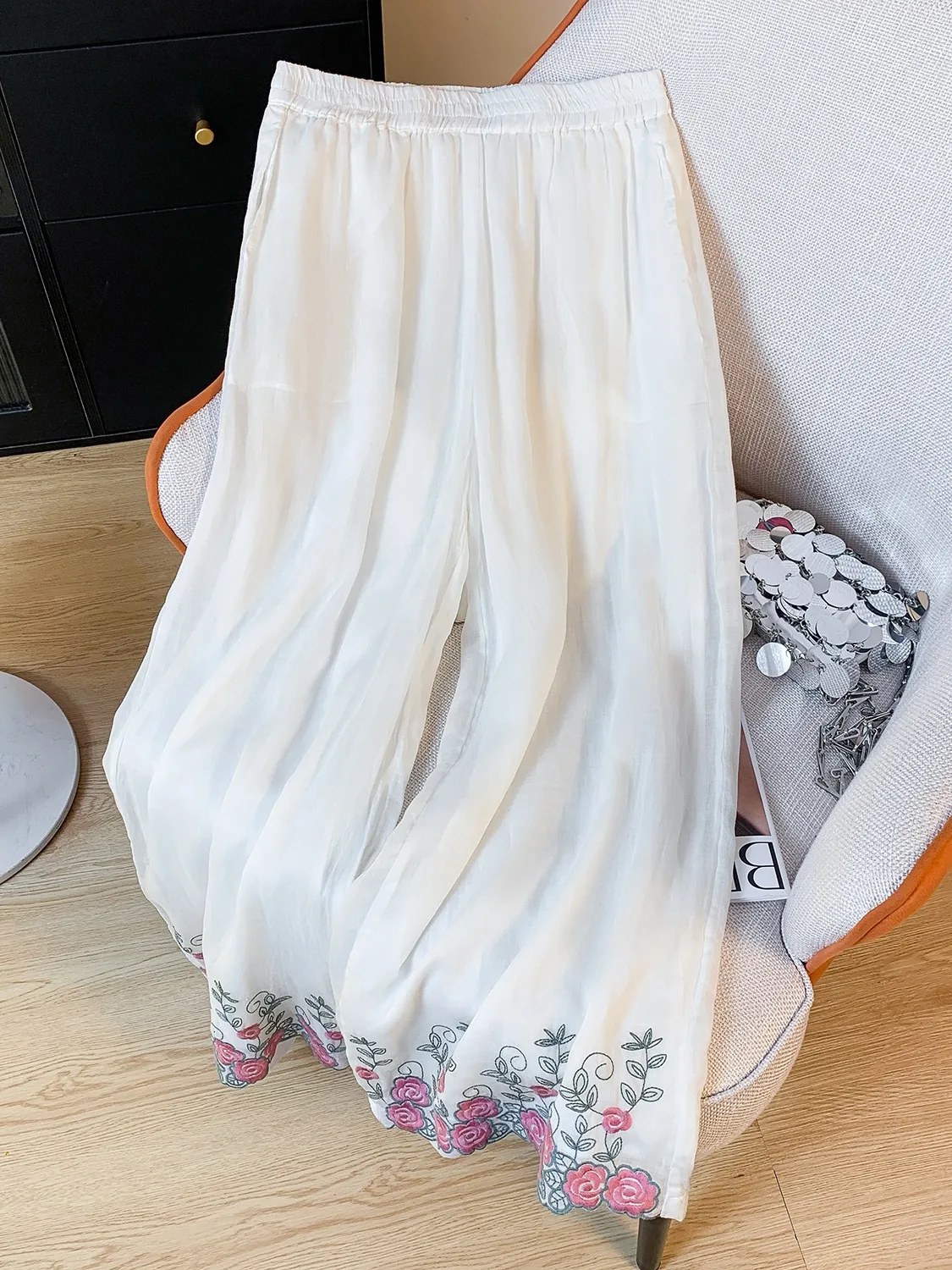 Elegant Embroidered Cotton Linen Wide Leg Pants Women Summer Casual High Waist Draped Straight Cut Long Trousers Skirt