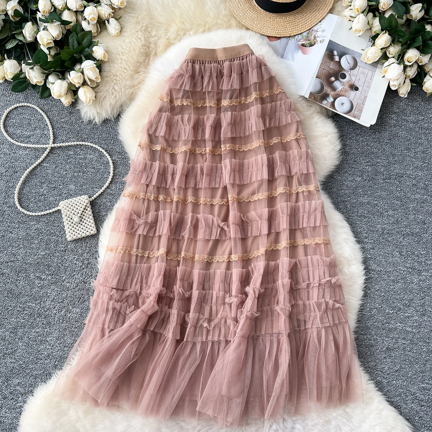 Sweet Vintage Tiered Elegant High Waist Chic Mesh Fairycore A-line Cake Skirt French Streetwear High Street Autumn Clothing