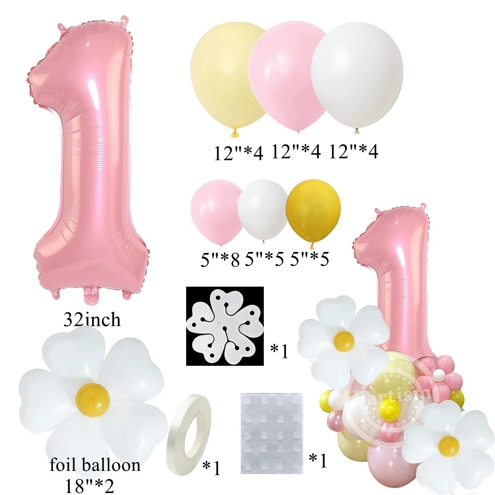 36pcs Daisy Flower Balloons Tower 32inch Pink Number Balloon for Kids Adults Happy Birthday Party Decoration DIY Party Supply