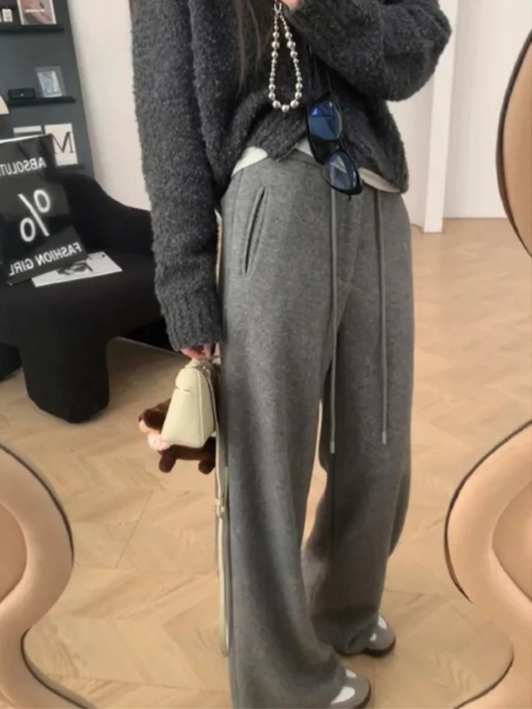 

Gray Woolen Casual Pants Women's Autumn Winter New Style Fleece Lined High Waist Wide Leg Pants Slimming Drapey Straight Cut