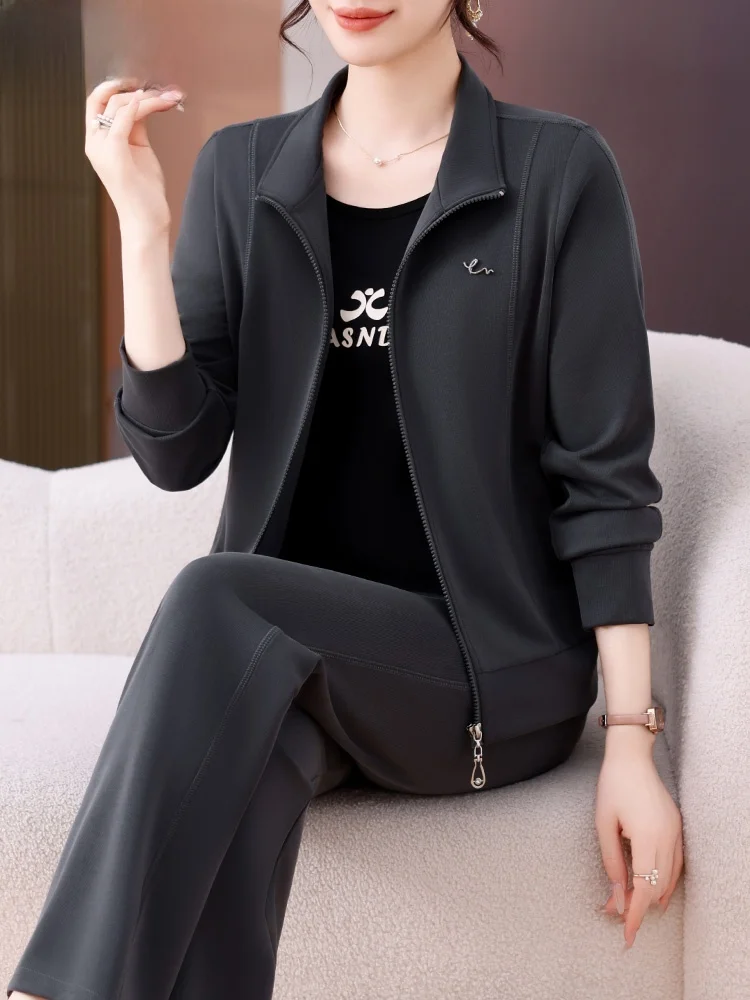 

Casual Sportswear Set for Women Middle-Aged And ly Spring Autumn New Sle Long Sve Ne Zipper Closure Tee-Pi...