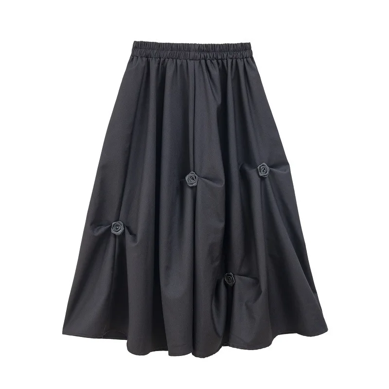 Black 3D Rose Decor Asymmetric Ruched Maxi Skirt Teens Girls  Gothic Casual Bottom For Daily Photoshoot Holiday Street Outfit