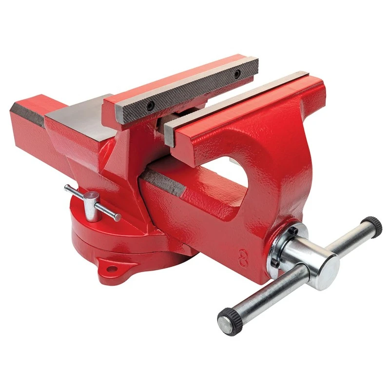 130,000 PSI Tensile Strength Austempered Ductile Iron Bench Vise | 8 Inch Jaw Width with a 360 Degrees Interlocking Swivel