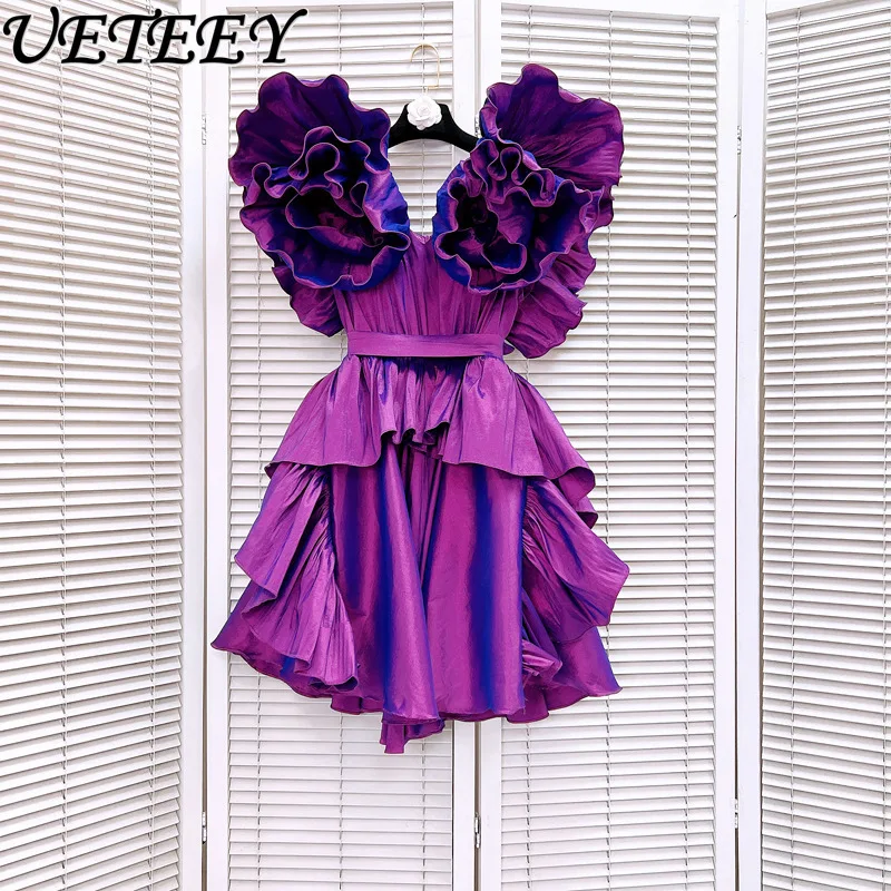 

European Elegant Dinner Party Dresses Women Summer New Pleated Three-Dimensional Large Flower Seamed Ruffles Slim Waist Dress