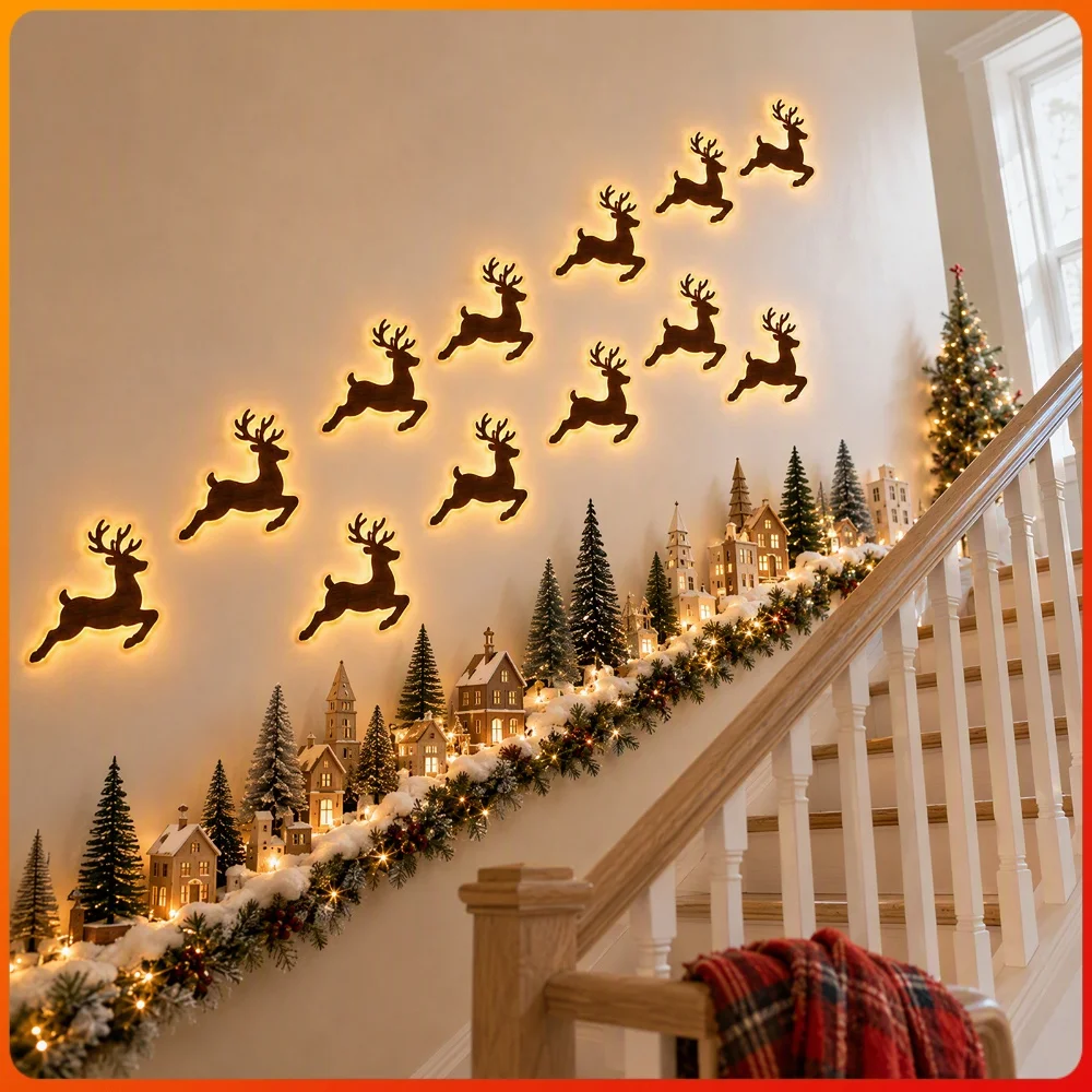 LED Light Up Christmas Wall Hanging Wooden Santa Sleigh Reindeer Village Remote Control