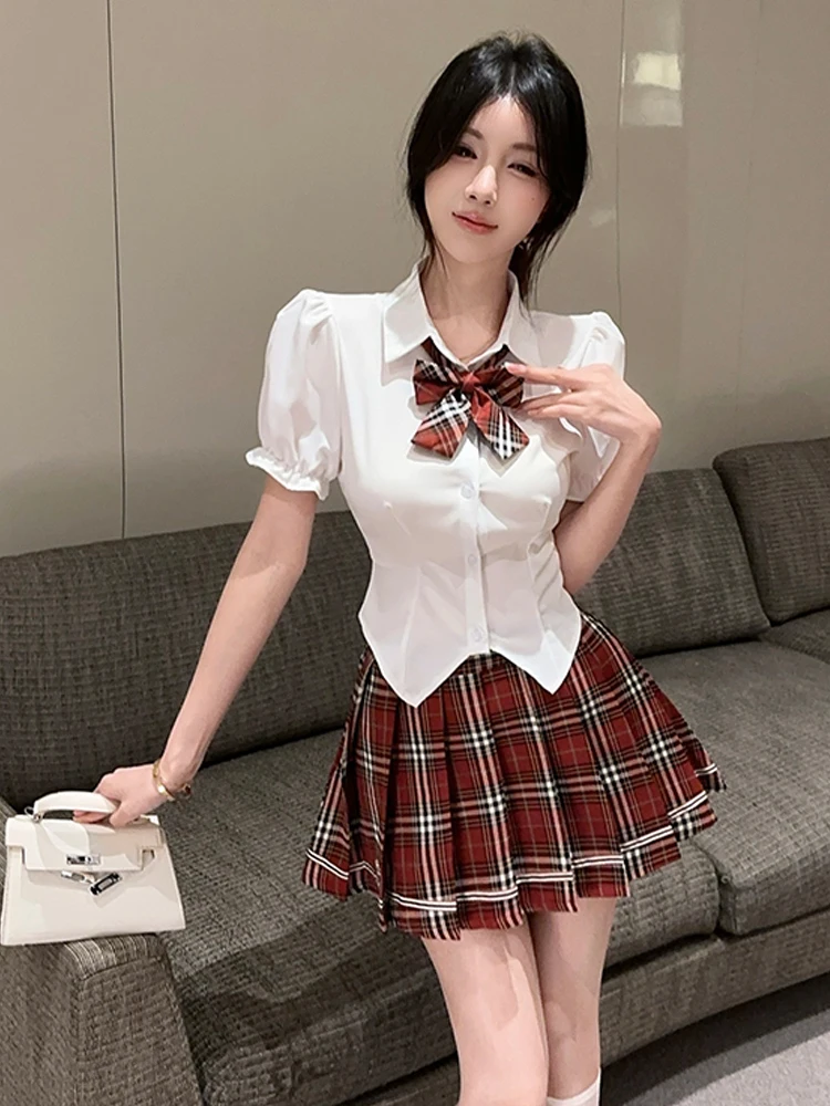 

Girls Vintage School Uniform Plaid Puffy Sleeve Waist Cinched Collar Shirt And Short Skirt Set Short Sleeve Neck Design