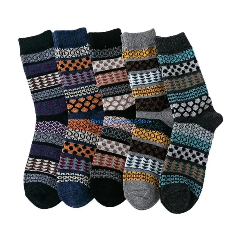 400A 5 Pairs Men Ethnic Vintage Colorful Stripes Print Socks Winter Cozy Soft Warm Thick Knitted Faux Wool Casual Tube