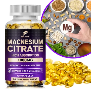 Citrate de magnésium 1000 mg, complément alimentaire pour le soutien musculaire, nerveux, os et cœur, 60/120 gélules