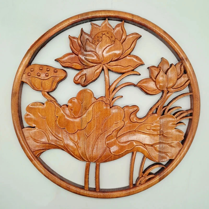 3D Relief Wood Carving Wall Hanging Round Camphor Wood Living Room Handicrafts Decoration Lucky Pattern 380mm diameter