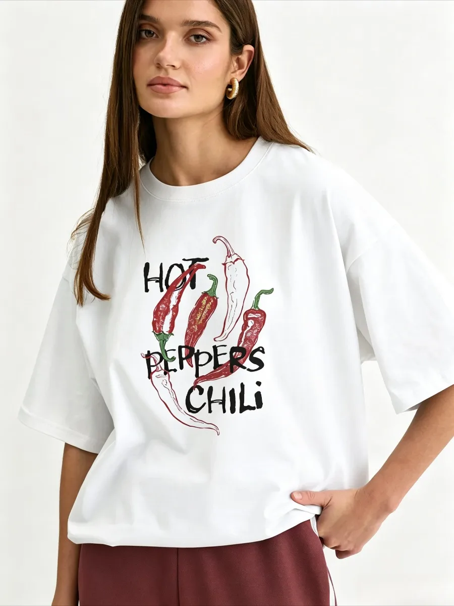 Summer 100% Cotton Women's Chic Little Chili Print T-Shirt Casual Basic Tee Lazy Trend Short Sleeve Loose Comfortable T-Shirt