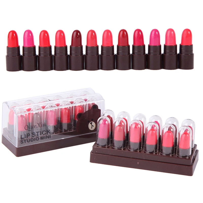 Mini lápiz labial mate de dibujos animados para mujer, 12 piezas, resistente al agua, de larga duración, portátil, productos de maquillaje