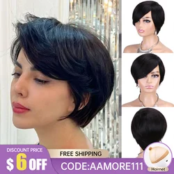 Pixie Cut 100% Remy Human Hair Wigs Short Black Straight Hair Wigs with Bangs Full Mechanism Human Hair Wig for Afro Women Daily