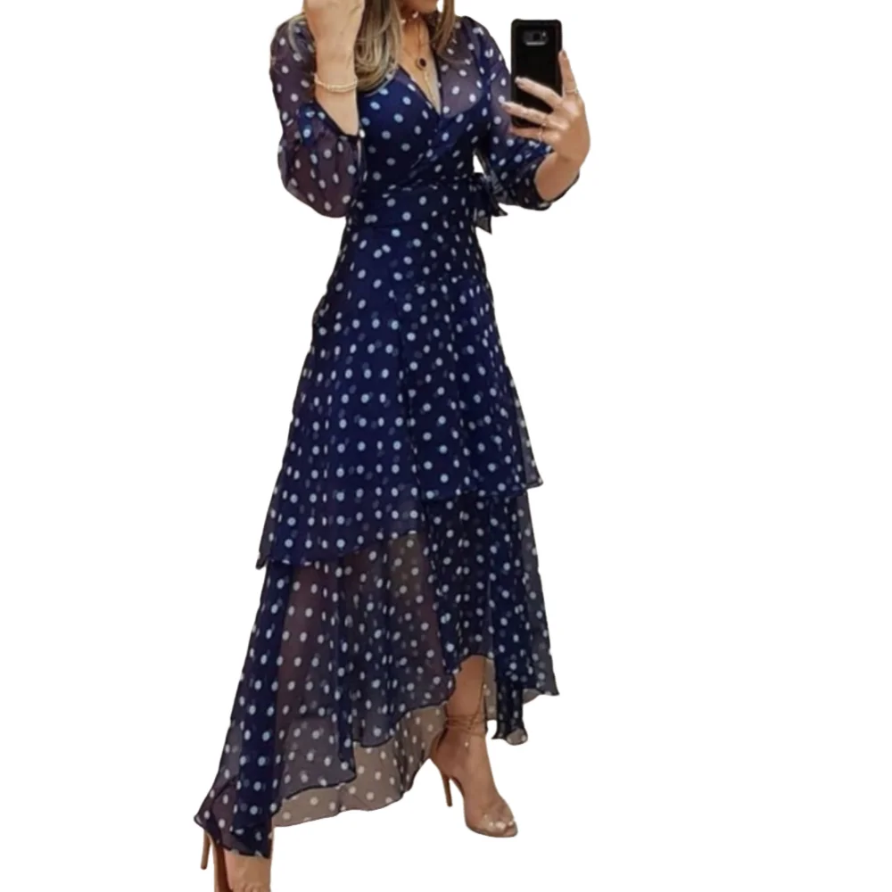 Women\'s Dress Elegant Fresh Sweet Polka Dot Print Asymmetrical Layered V-neck Long Sleeve Tie Details High Waist Slim Maxi Dress