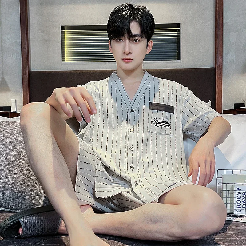 일본 기모노 잠옷 남성용 여름 반팔 반바지 코튼 잠옷 어린 소년 카디건 홈 의류 Hombre Pajamas