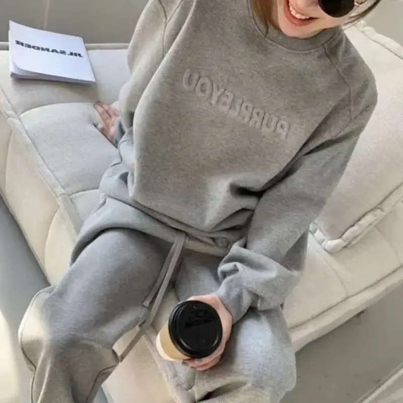 Women\'s 2026 New Purple Sports Suit Spring And Autumn Casual Fashion Style Loose Long Sleeve Sweater Tops Pants 2 Two Piece Set
