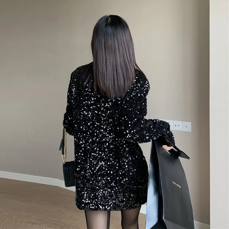 High quality Women Sequins blazer Suit Newest Sexy Long sleeve Female jacket set Club Notched coat Spring Autumn INKEO 1O075