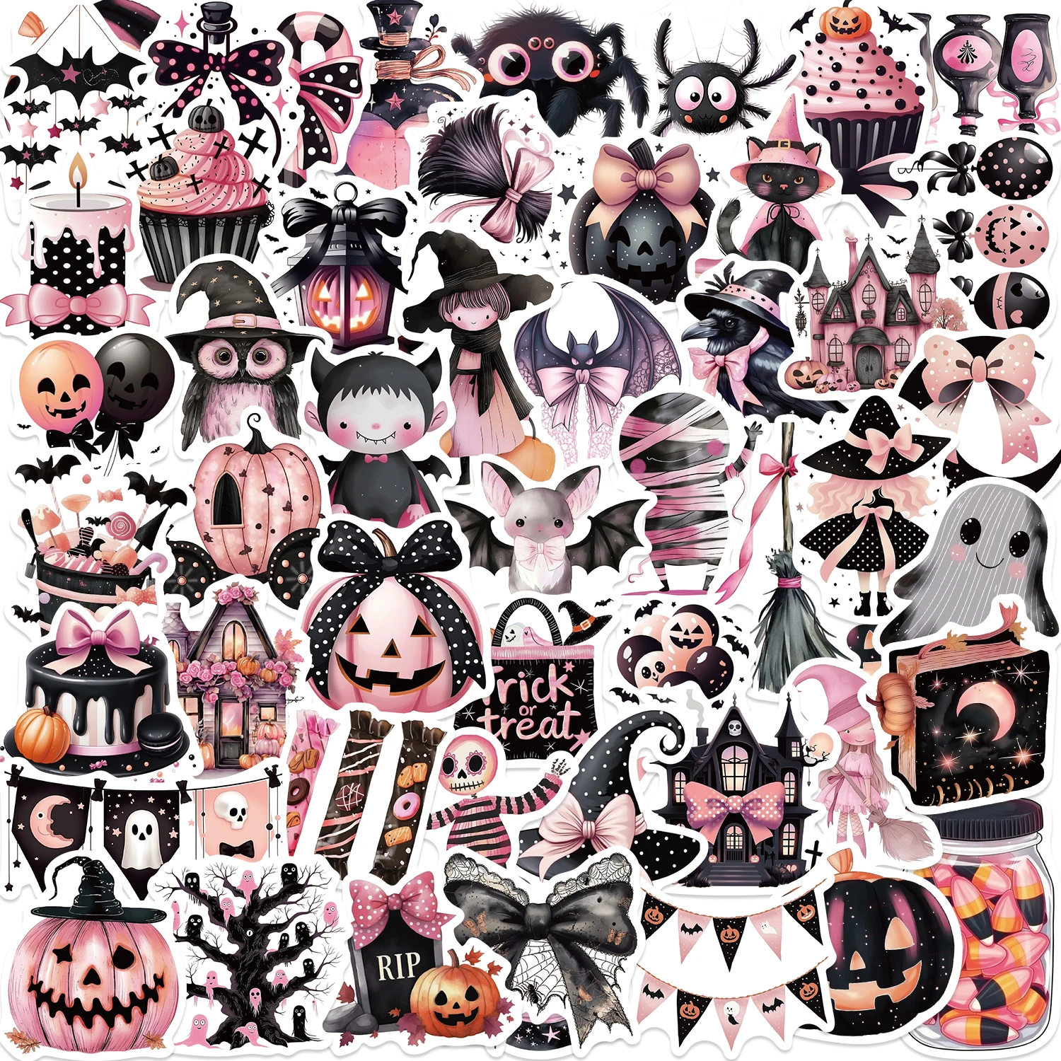 50 Stück süße rosa Halloween-Aufkleber für Laptop, Flasche, Kühlschrank, Wand, DIY, Cartoon-Graffiti-Aufkleber, Festival-Geschenke