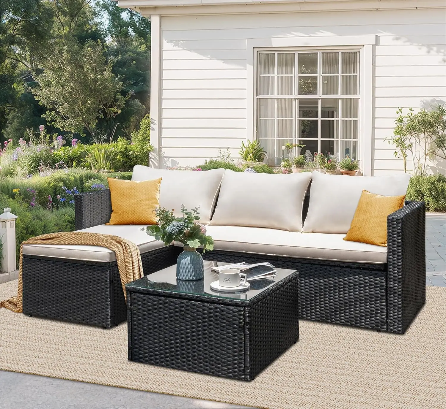 

JAMFLY Patio Furniture Set 3 Piece Outdoor Sectional Patio Sofa, All-Weather Wicker Rattan Outdoor Furniture Set with Glass Tabl