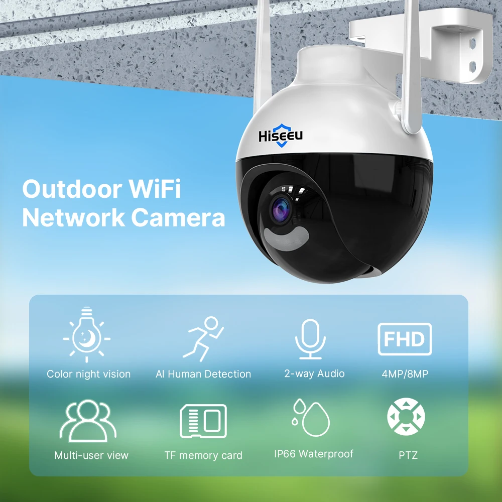 Hiseeu 4K 8MP Wifi IP Camera 5X Zoom AI Human Detect ONVIF Wireless Outdoor Surveillance CCTV Security Protection PTZ Camera