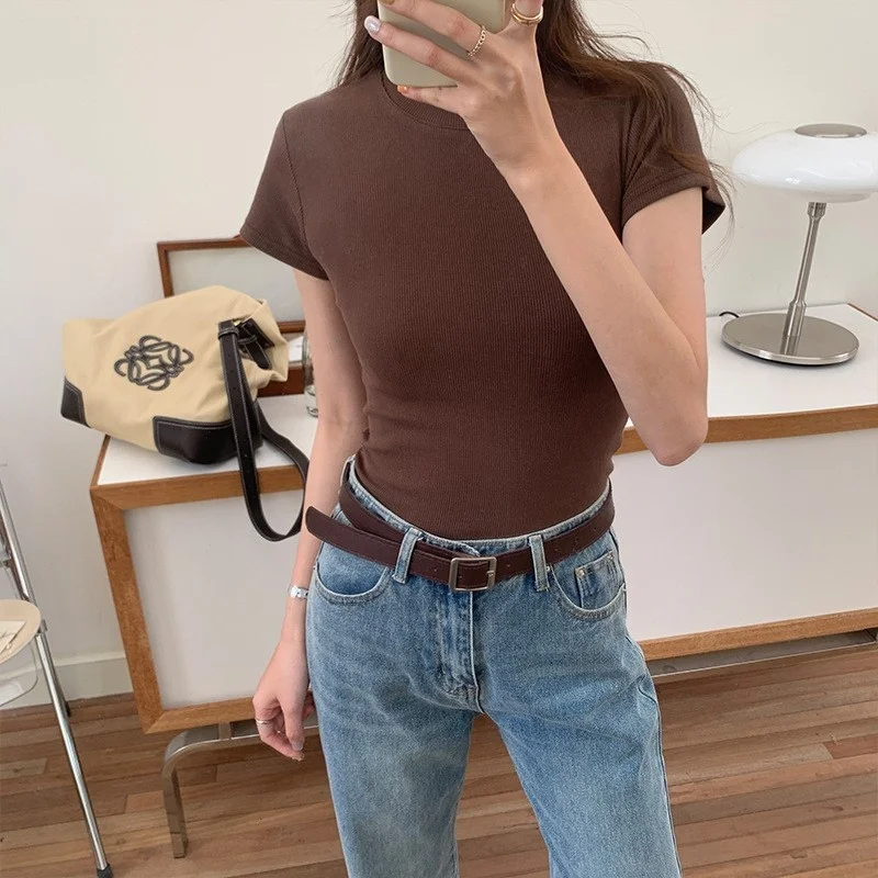 

Casual White T-irt Women's Top Faion Basic round Ne ort Sve Summer Thin Tead Detail Regular Sle Ladies Tee