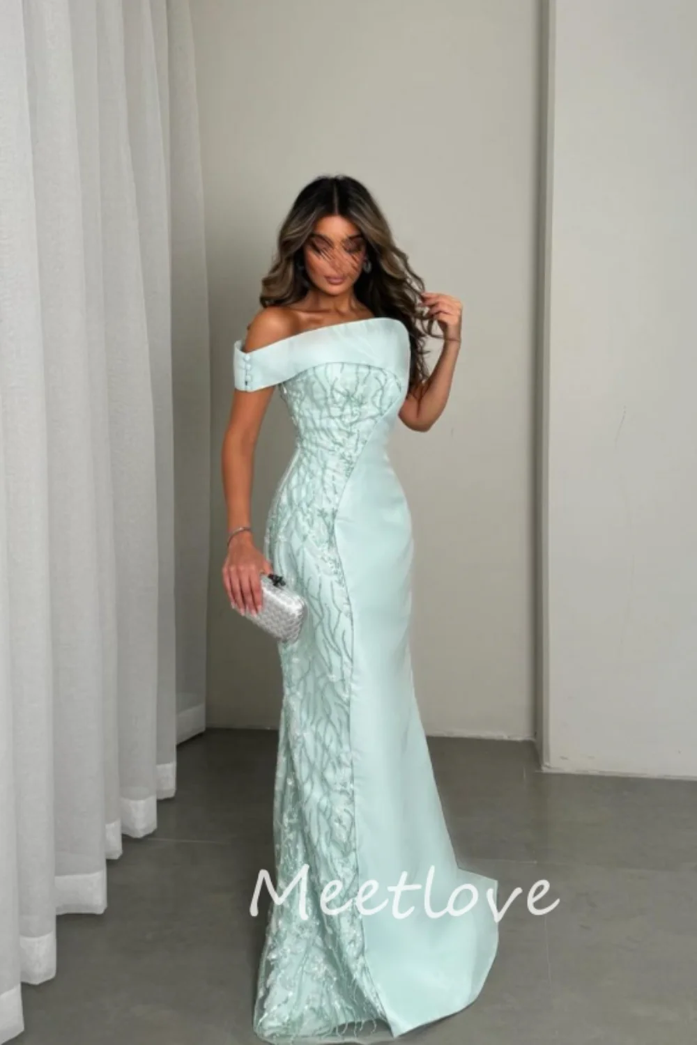 Meetlove 2024 Customized Sheath Off Shoulder Sleeveless Sequins Floor Length Formal Prom Dress Luxury Evening Dress