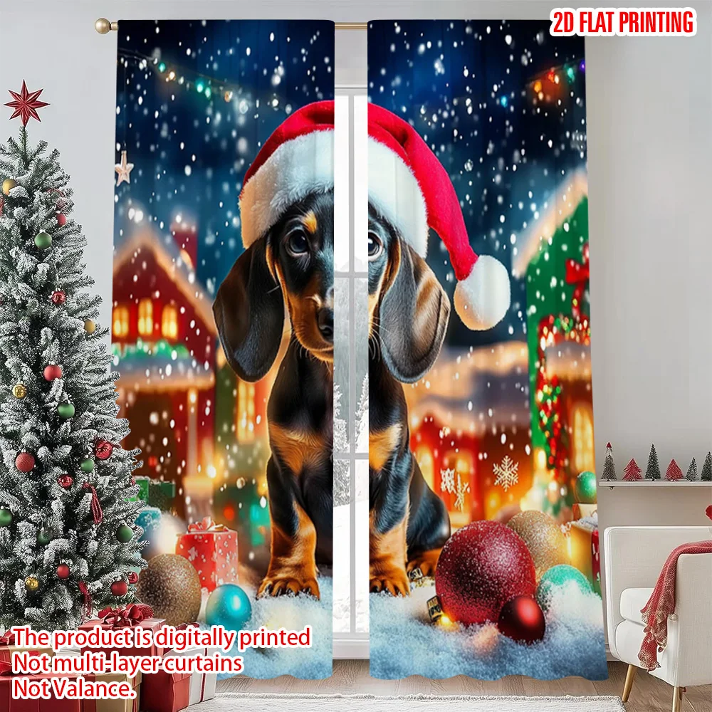 

2pcs 2D flat printing Merry Christmas Popular Window Drapes Cute Dachshund Christmas Versatile Polyester Without Electricity