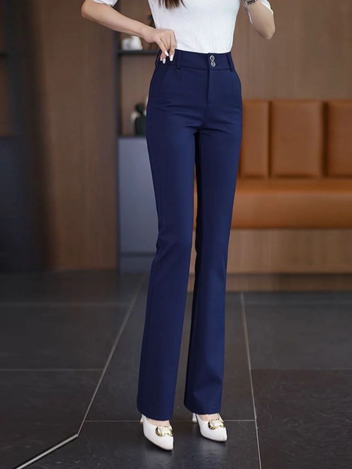 بنطلون نسائي واسع الساق بخصر مرتفع ومرن للتنحيف متعدد الاستخدامات للربيع والخريف بتصميم جديد وعصري