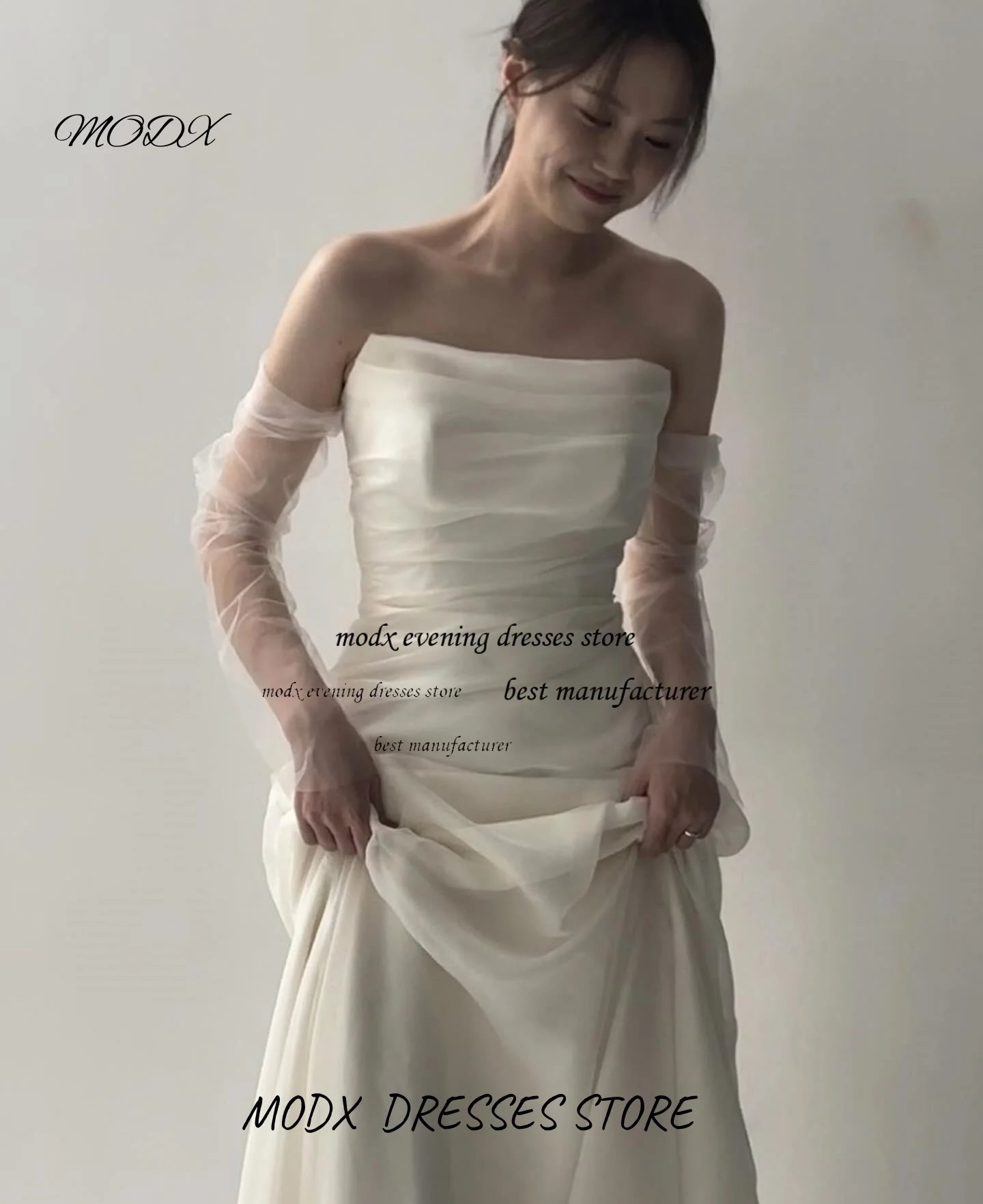 MODX Fantasy White Slim Tulle Korean Wedding Dresses Backless Straps Satin Sleeves Customized Corset Wedding Celebration Dresses
