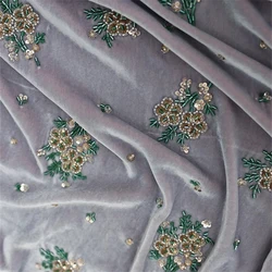 135cm Width Light Purple Silk Velvet Fabric Heavy-duty Sequins Nail Bead Embroidery Qipao Jacket Luxurious Mulberry Silk Fabric