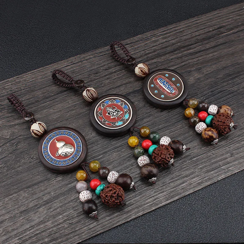 DIY accessories Ebony handmade painting Thangka car keychain cloisonne pendant key ring pendant creative gift retro decoration