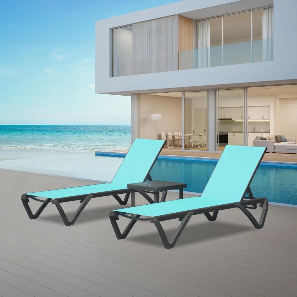 

Pool Lounge Chairs Set of 3, Adjustable Aluminum Outdoor Chaise Lounges with Side Table, Lounge Chairs
