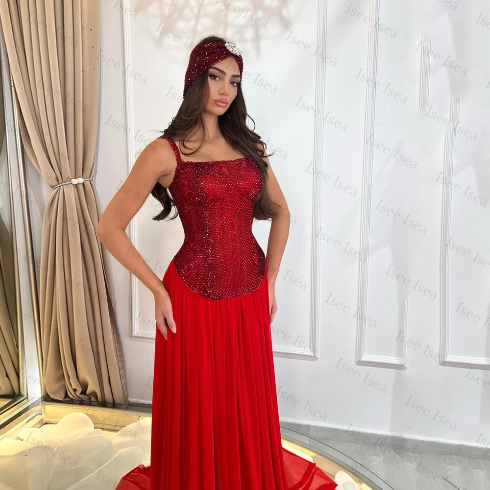 Robes de soirée rouge brillant dubaï a-ligne en mousseline de soie cristal a-ligne robes de soirée فستان وعmaverapersonnalisé