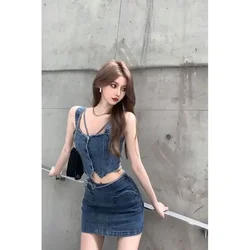 Irabe 10:30 20223 Koreańska moda Hot Girls Sexy Vintage Denim Camisole Summer New High Waist Denim Skirt Dwuczęściowy zestaw dla kobiet