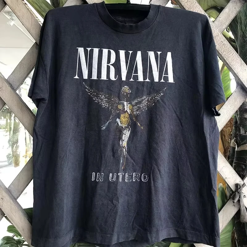 Angel Rock Printed Nirvana Band Retro Trendy Short Sleeve High Street Hip Hop Men's and Women's T-shirts