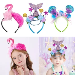 Flamingo Crown Headband Mermaid Shell Headpiece Hair Hoop Adults Kids Birthday Hair Accessories Hawaiian Tropical Party Decor