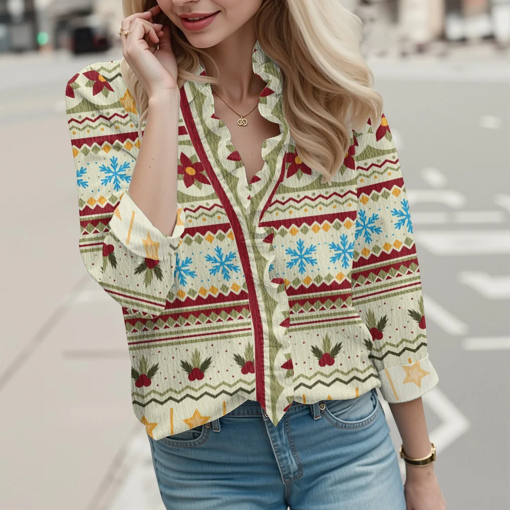 عيد الميلاد الحلو القوس طباعة المرأة بلوزة فقاعة كريب النسيج تكدرت طوق كم طويل أعلى لطيف جديد حزب ارتداء قميص أنيق #5