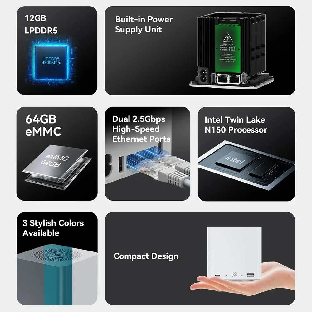 Beelink ME mini NAS Mini PC Intel Twin Lake N150 4C/4T 12GB LPDDR5 64GB EMMC 6 * M.2 فتحة Bluetooth5.2 2.5G LAN كمبيوتر مكتبي